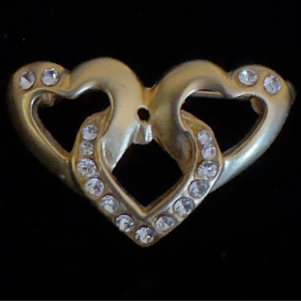 Gold Tone Triple Hearts Rhinestone Brooch Pin 1.2" Love Romance Sparkle Family